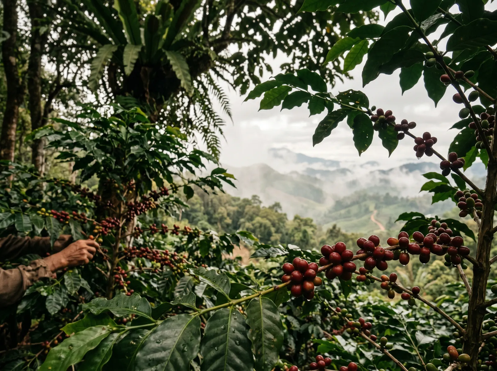Coffee trees heavy with ripe cherries under forest canopy, misty Northern Thailand mountains beyond